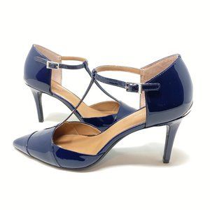 Calvin Klein Ginae Patent Leather, T-strap Heels in Navy/Indigo, 7.5